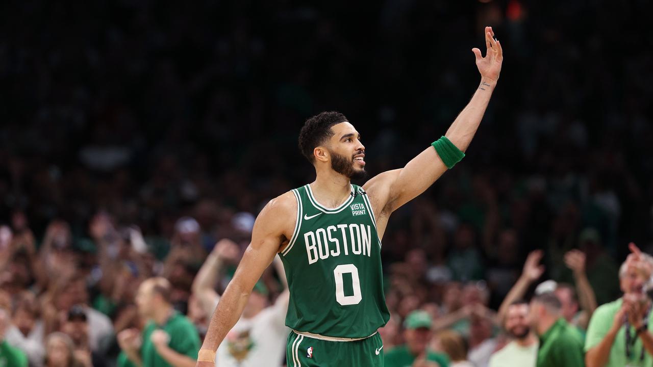 BOSTON, MASSACHUSETTS - JUNE 17: Jayson Tatum #0 of the Boston Celtics celebrates after a play during the fourth quarter of Game Five of the 2024 NBA Finals against the Dallas Mavericks at TD Garden on June 17, 2024 in Boston, Massachusetts. NOTE TO USER: User expressly acknowledges and agrees that, by downloading and or using this photograph, User is consenting to the terms and conditions of the Getty Images License Agreement. (Photo by Elsa/Getty Images)