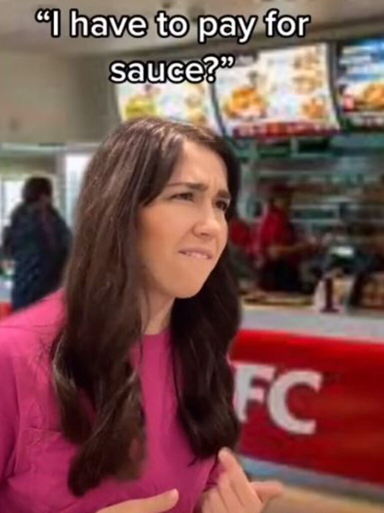 Kaymie discovering KFC Australia charges for BBQ sauce. Picture: TikTok/@kayywuerf