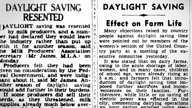 1940s articles about daylight savings’ impact on Victorian farmers. Picture: Trove