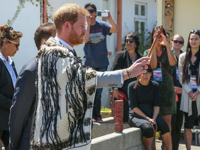 Prince Harry takes part in a “wero”, a ceremonial challenge and an ancient Maori warrior tradition to determine whether visitors came in peace or with hostile intent. Picture: AFP