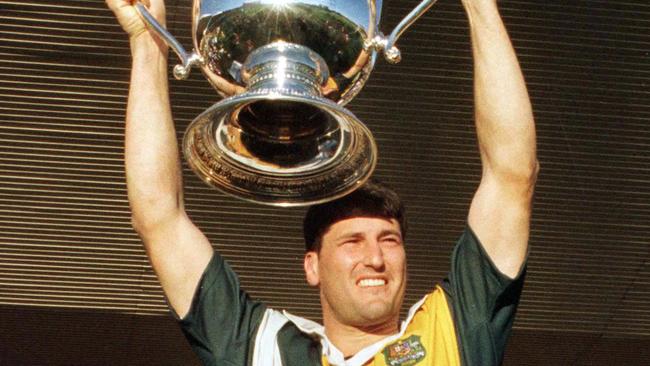 John Eales holding the Bledisloe Cup in 1998.