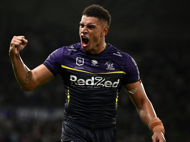 MELBOURNE, AUSTRALIA - MARCH 08:  Will Warbrick of the Storm  celebrates winning the round one NRL match between Melbourne Storm and Penrith Panthers at AAMI Park on March 08, 2024, in Melbourne, Australia. (Photo by Quinn Rooney/Getty Images)