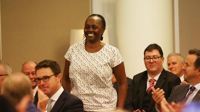 Colleagues welcome Senator Lucy Gichuhi in the Joint Party Room meeting at Parliament House in Canberra. Picture: Kym Smith