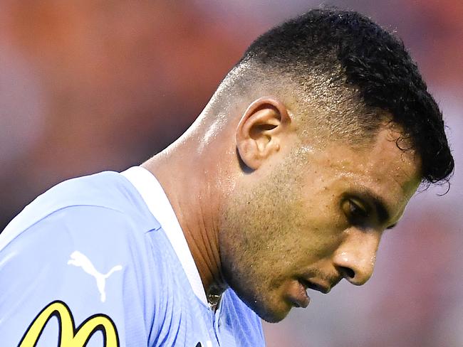 BRISBANE, AUSTRALIA - DECEMBER 29: Andrew Nabbout of Melbourne City reacts during the A-League match between the Brisbane Roar and Melbourne City at Dolphin Stadium, on December 29, 2020, in Brisbane, Australia. (Photo by Albert Perez/Getty Images)