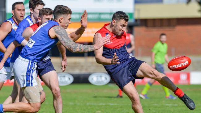 Lockleys’ Liam Narcys in action in the division five grand final against Kenilworth. Picture: Brenton Edwards