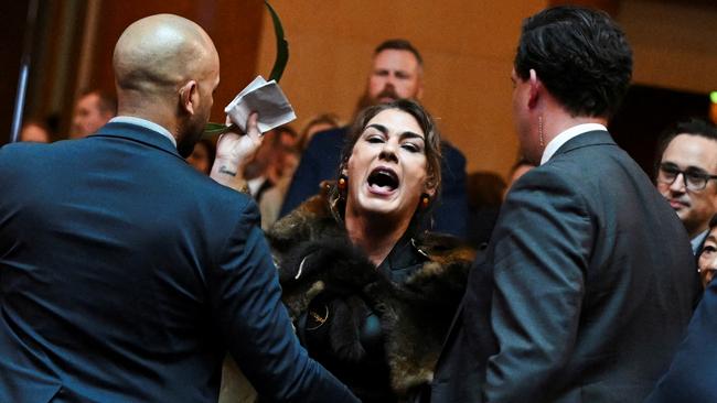 Senator Lidia Thorpe stages a protest as King Charles and Queen Camilla attend a Parliamentary reception in Canberra.