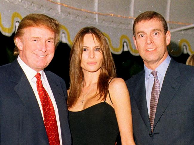 Donald Trump with then girlfriend Melania Knauss and Prince Andrew at the US President’s Palm Beach estate Mar-a Lago in 2000. Picture: Davidoff Studios/Getty Images