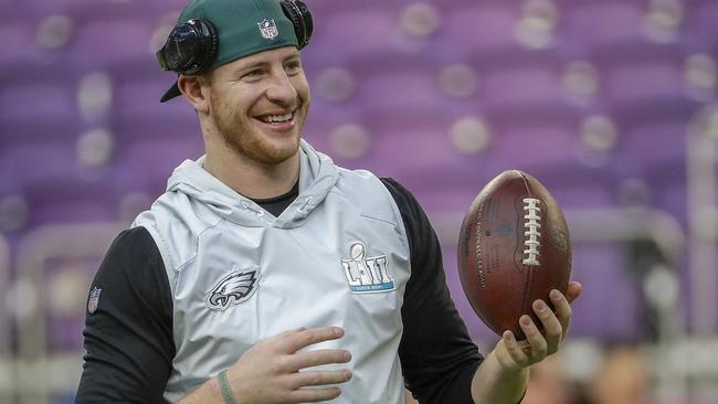 Philadelphia Eagles quarterback Carson Wentz throws before the game. Picture: AP.