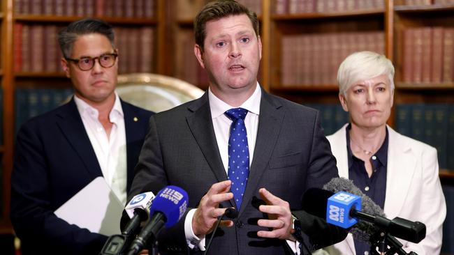 Committee chairman Scott Farlow, centre, speaks at NSW parliament on Friday, flanked by Greens MLC Cate Faehrmann, right, and Nationals MLC Wes Fang. Picture: Damian Shaw