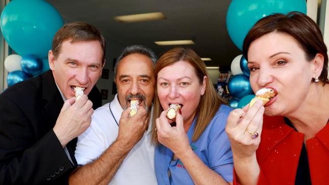 Pasticceria Via Reggio owners Joe and Sandra Marchetta share their much-loved cannoli with Blacktown state Labor MP Stephen Bali and NSW Labor leader Jodi McKay. Picture: Angelo Velardo