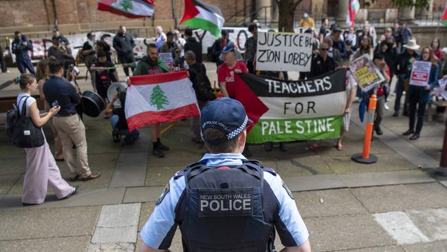 Protesters have rallied against NSW Police Commissioner Karen Webb who has lodged proceedings with the Supreme Court to stop pro-Palestine rallies in on Monday October 7. Picture: NewsWire / Simon Bullard