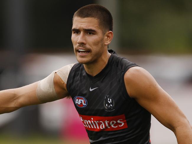 NCA. MELBOURNE, AUSTRALIA. 6th February, 2025 . Collingwood training at Olympic Park.   Reef McIness of the Magpies    .  Picture: Michael Klein