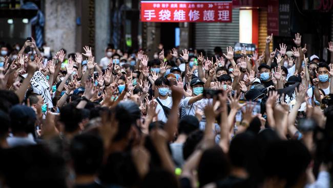 Protesters chant slogans against a new national security law in Hong Kong. Picture: AFP