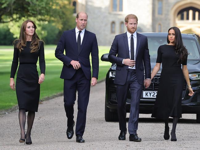 The Prince and Princess of Wales and the Duke and Duchess of Sussex walk on the grounds of Windsor Caslte days after the Queen’s death in September. Picture: Chris Jackson/Getty