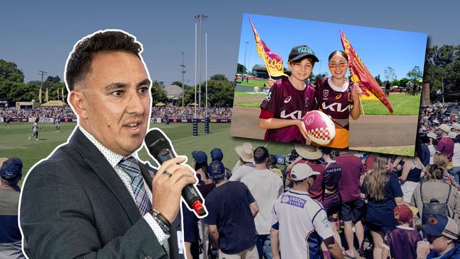 Councillor James O'Shea; Brisbane Broncos trial match at Toowoomba Sports Ground.