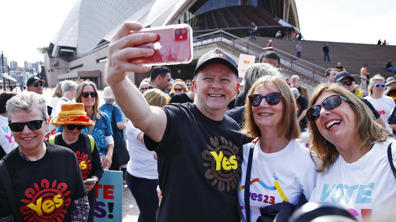 Anthony Albanese drumming up support for the Yes vote at Sydney Opera House. Picture: Sam Ruttyn