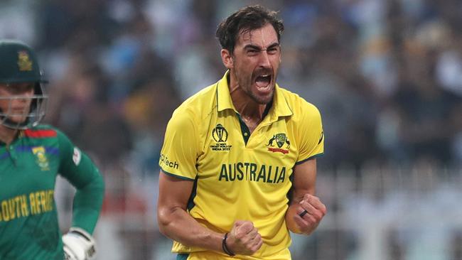 KOLKATA, INDIA - NOVEMBER 16: Australia's Mitchell Starc celebrates the wicket of Aiden Markram of South Africa  during the ICC Men's Cricket World Cup 2023 semi final match between South Africa and Australia at Eden Gardens on November 16, 2023 in Kolkata, India. (Photo by Pankaj Nangia/Gallo Images)