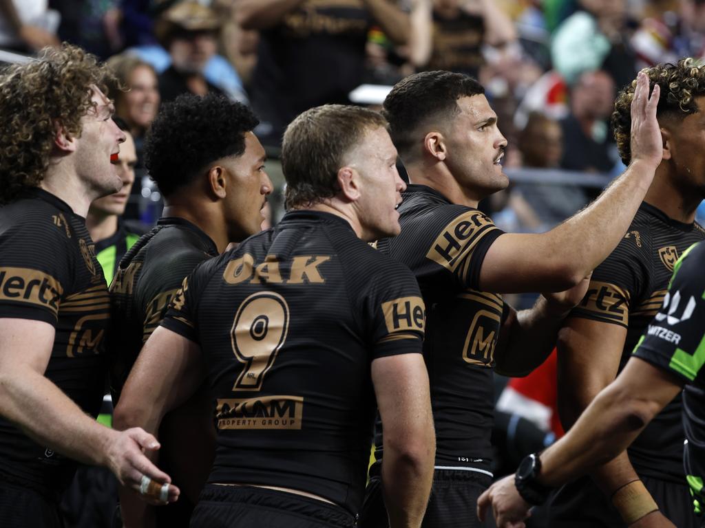 Nathan Cleary after setting up a Penrith try. Picture: Jonathan Ng