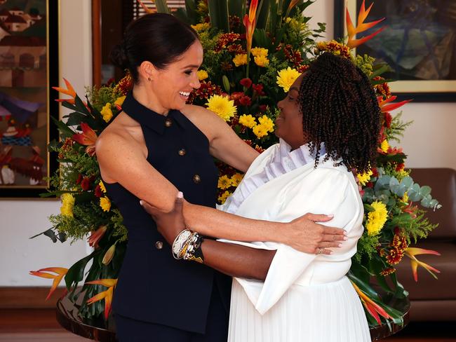 Meghan is welcomed to Colombia by Vice President Francia Marquez at her official residence in Bogota, Colombia. Picture: Eric Charbonneau for Archewell via Getty Images