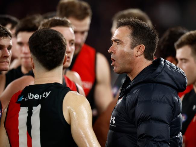 MELBOURNE, AUSTRALIA – AUGUST 10: Brad Scott, Senior Coach of the Bombers addresses his players during the 2024 AFL Round 22 match between the Essendon Bombers and the Gold Coast SUNS at Marvel Stadium on August 10, 2024 in Melbourne, Australia. (Photo by Michael Willson/AFL Photos via Getty Images)