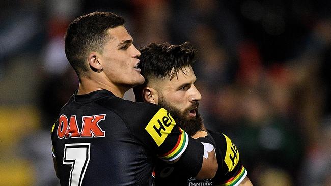 Joshua Mansour celebrates with Nathan Cleary after scoring a try.