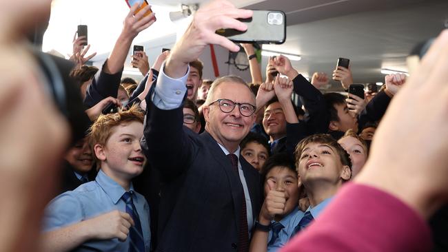 Anthony Albanese takes a selfie with the students from his old school, St Mary’s Cathedral College, in Sydney. Picture: Sam Ruttyn