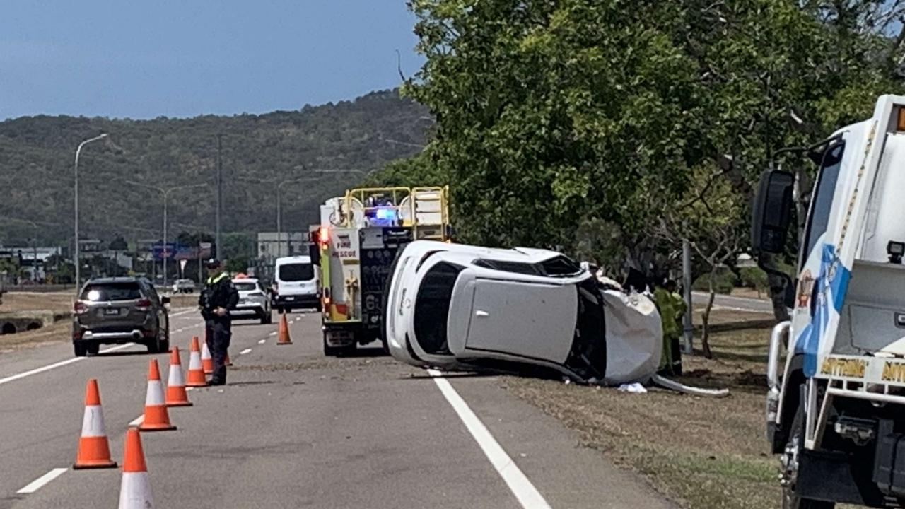 A woman has been rushed to hospital with life-threatening injuries after a car rollover on Dalrymple Road, Garbutt on Wednesday, October 9, 2024. Picture: Jami Roberts