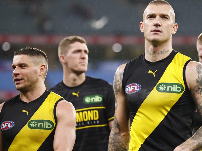 MELBOURNE, AUSTRALIA - JULY 30: Dustin Martin of the Tigers looks dejected after the round 20 AFL match between Richmond Tigers and Melbourne Demons at Melbourne Cricket Ground, on July 30, 2023, in Melbourne, Australia. (Photo by Daniel Pockett/Getty Images)