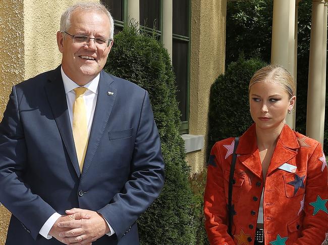 Prime Minister Scott Morrison with Grace Tame, who appeared to be uncomfortable with the meeting. Picture: NCA NewsWire/Gary Ramage