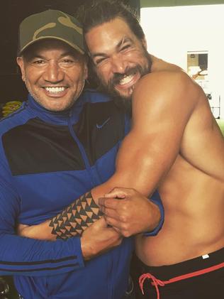 Jason Momoa and Temuera Morrison on the set of Aquaman.  Picture:  Supplied