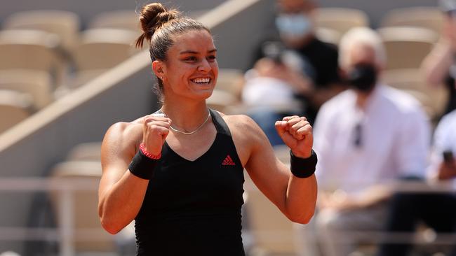 Greece’s Maria Sakkari celebrates victory over Iga Swiatek of Poland at the French Open at Roland Garros. Picture: Getty Images