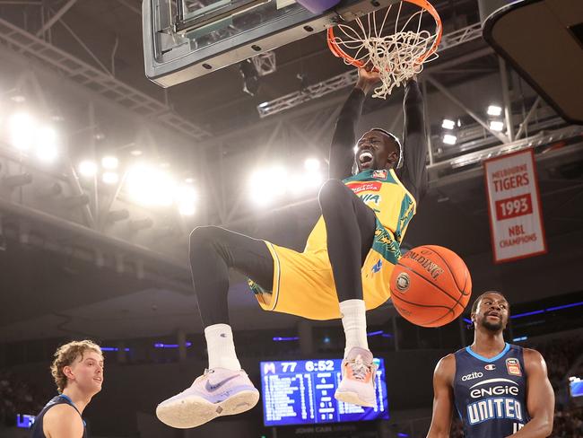 Majok Deng made a major impact down the stretch in the JackJumpers’ NBL grand final series game three win in Melbourne on Sunday. (Photo by Kelly Defina/Getty Images)