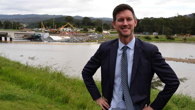 Minister for Main Roads Mark Bailey inspects John Muntz Bridge and gives an update on repairs — one lane is expected to be reopened in late July. Photo Steve Holland