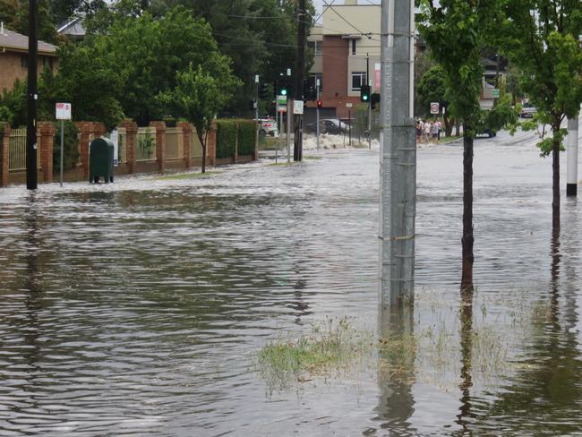 Flooding on Hawthorn Rd, Brighton East. Picture: Peter Farrar