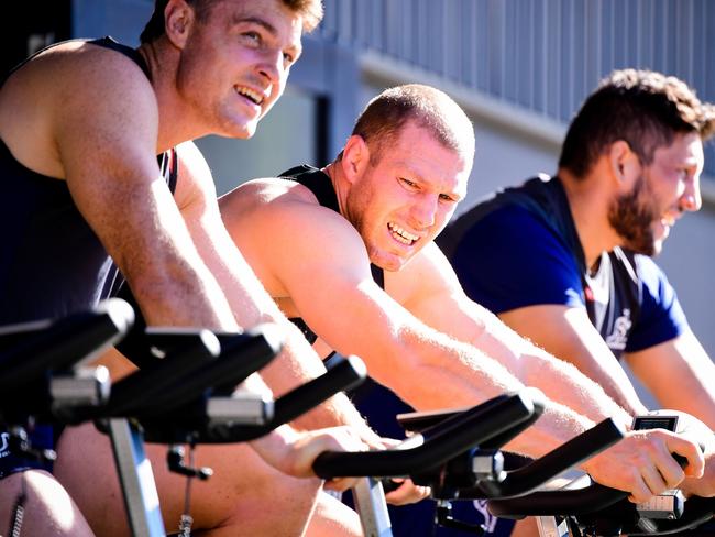 Injured Wallabies flanker David Pocock (centre) hard at work with Jack Dempsey (left) and Adam Coleman (right). Photo: Stu Walmsley, Rugby AU Media.