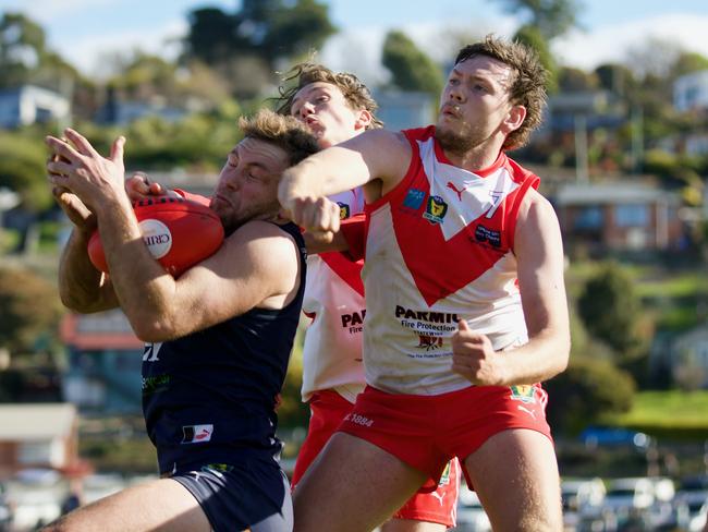 Launceston’s Jobi Harper marks under heavy attention from Clarence’s Keegan Wylie. Picture: Andrew Woodgate