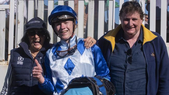 Jockey Jaden Lloyd rode the John Symons (right) and Sheila Laxon (left)-trained Dealing's Done to victory in the QTIS Two-Year-Old Maiden Handicap (1100m) at the Gold Coast Turf Club on Saturday, June 26, 2022. Picture: Greg Irvine, Magic Millions.