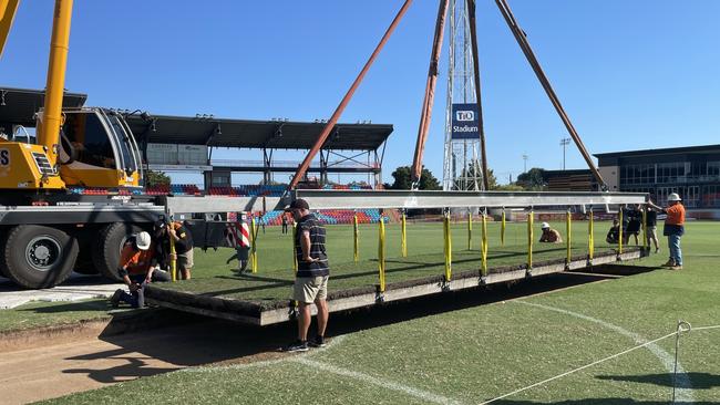 The drop in cricket pitch as it was installed at TIO Stadium. Picture: Max Hatzoglou