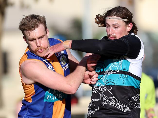 Bendigo FNL, Round 7, Maryborough V Golden Square, at Princes Park, Maryborough, Kya Lanfranchi, 5,  Maryborough Magpies   &  Jayden Burke, 10, (c),  Golden Square Bulldogs,   Picture Yuri Kouzmin