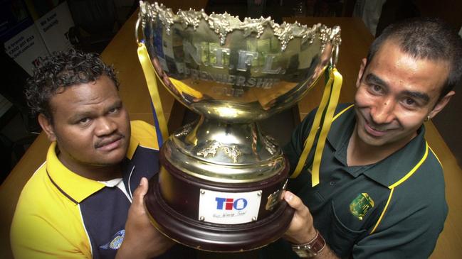 Opposing Captains Wanderer's Joe Jeffery and St Mary's Anthony Vallejo ahead of the 2004-05 grand final. Picture: Susan Bown