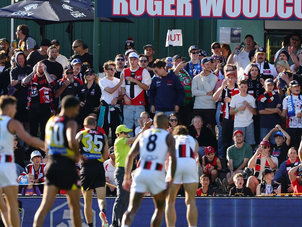 Fans watch on in Norwood. (Photo by Sarah Reed/AFL Photos via Getty Images)