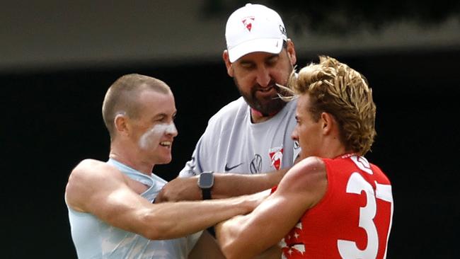 Chad Warner and his brother Corey Warner had to be separated by coach Dean Cox after Chad had put a big bump on his younger brother during the Sydney Swans match sim training session on January 24, 2025. Photo by Phil Hillyard (Image Supplied for Editorial Use only - **NO ON SALES** - Â©Phil Hillyard )