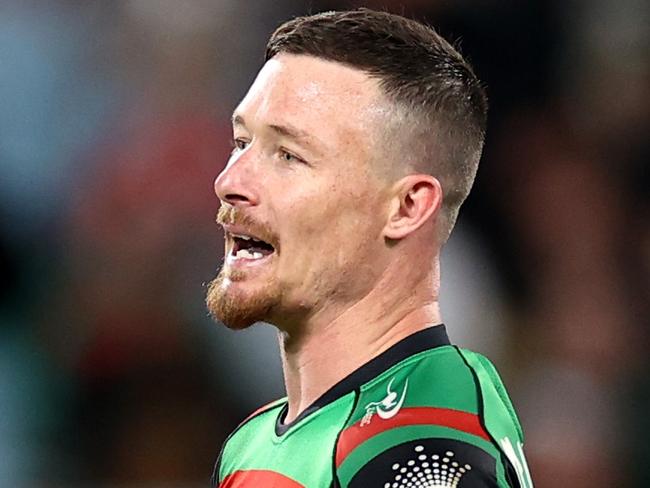 SYDNEY, AUSTRALIA - AUGUST 18: Damien Cook of the Rabbitohs talks to the referee during the round 23 NRL match between the South Sydney Rabbitohs and the Penrith Panthers at Accor Stadium, on August 18, 2022, in Sydney, Australia. (Photo by Cameron Spencer/Getty Images)