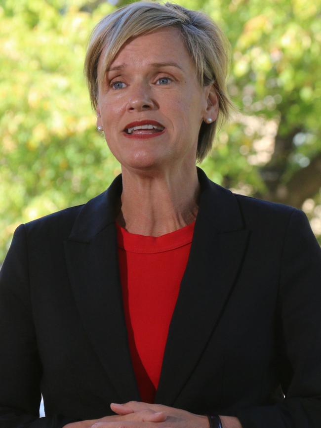 Labor's Jen Butler speaks to the media on Parliament Lawns in Hobart on Thursday, April 6, 2023.