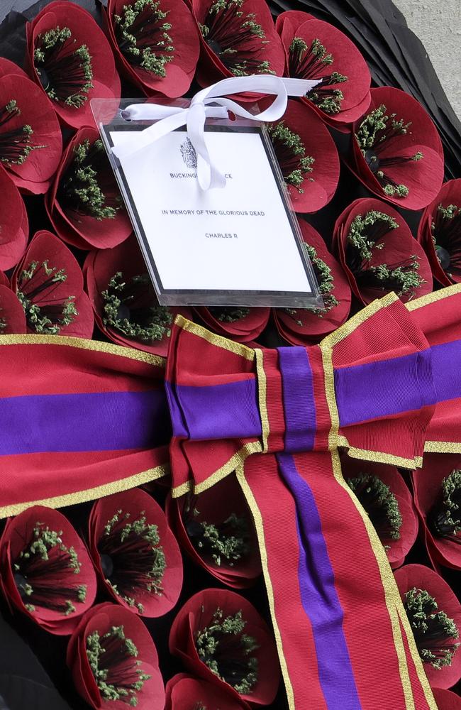 A view of the wreath laid by King Charles III during the National Service Of Remembrance at The Cenotaph in London, England. Picture: Getty Images