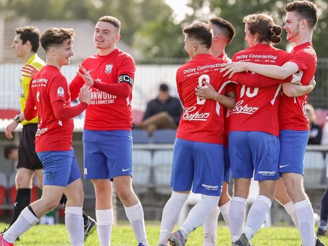 White City players celebrate during an NPL SA match last month. Picture:Adam Butler