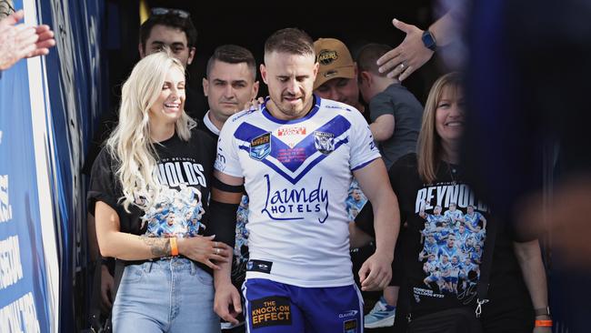 Josh Reynolds runs onto the field for the last time. Picture: Adam Yip