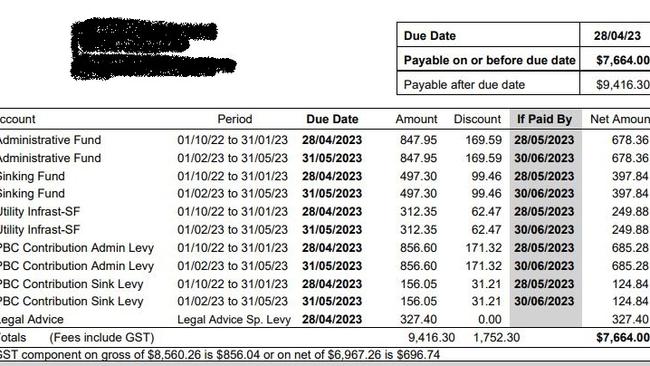 The levy notice a Couran Cove Island Resort resident received, with utility charges includes.