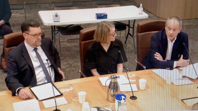 Ralph Freckelton (Grand Chancellor), Caroline Sharpen (TSO) and Daniel Hanna (Federal Hotels) front a parliamentary committee.