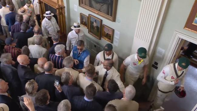 Australian players are heckled as they walk past MCC members at Lords after the dismissal of English batsman Jonny Bairstow. Picture: Nine Wide World of Sports